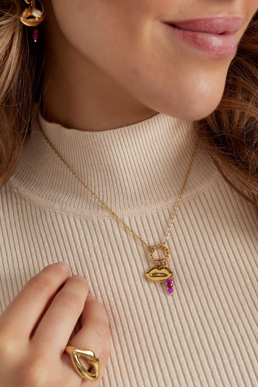 Halskette Mund mit Perlen - Goldfarbe/Lila h5Bild3